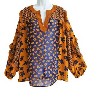 Cabi Boho Tunic Blouse Ruffle Sleeves Contrasting Floral Split Neck Orange Blue